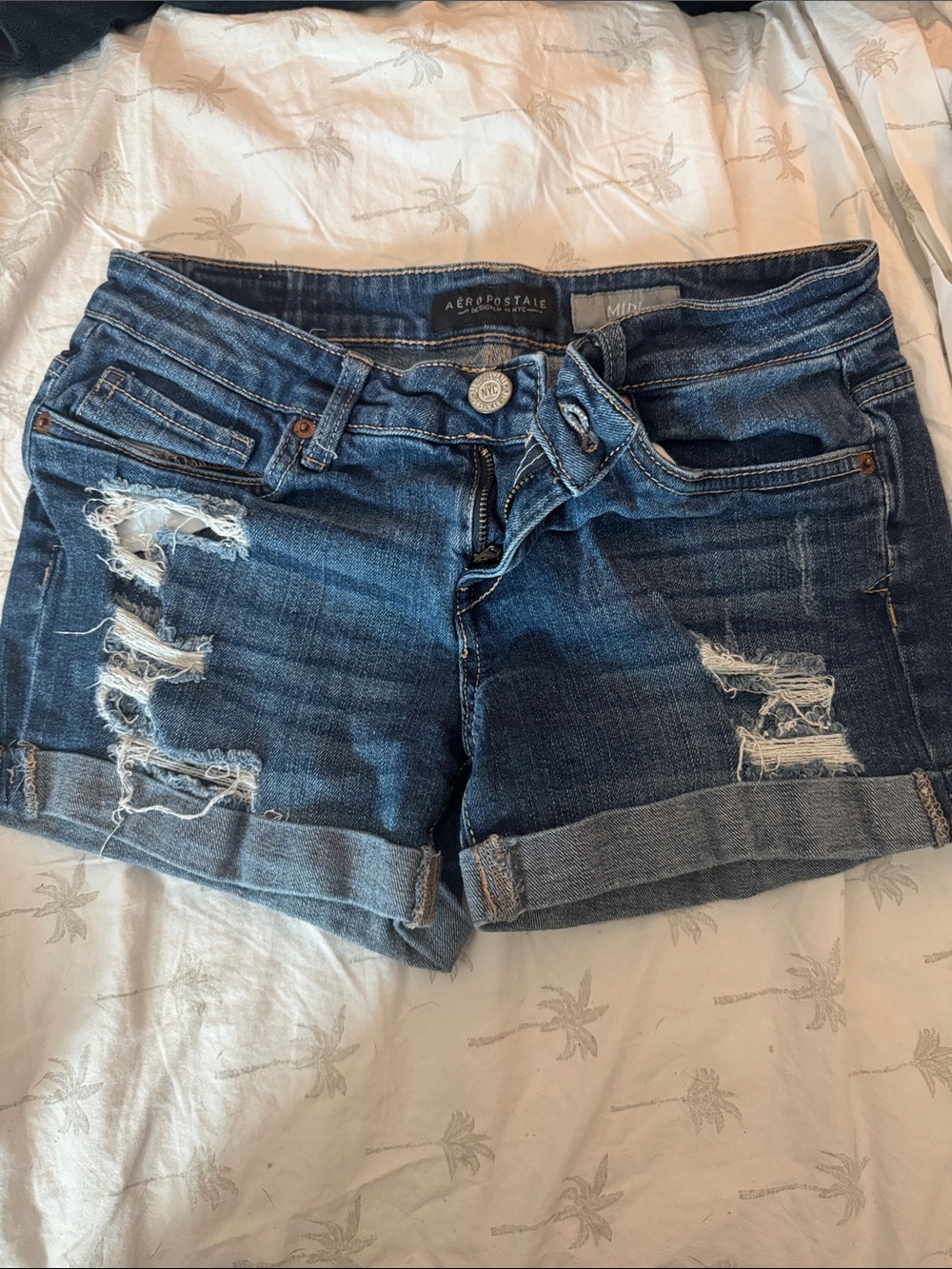 Aeropostale Women's Distressed Dark Blue Denim Roll-Cuff Shorts